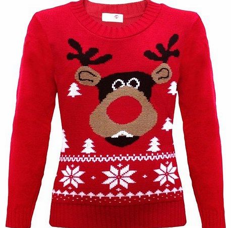 FAST TREND CLOTHING NEW KIDS CHILDREN BOY GIRL KNITTED CHRISTMAS REINDEER RUDOLPH JUMPER RED SANTA TREE AGE 3-13 YEARS (5-6, Red)
