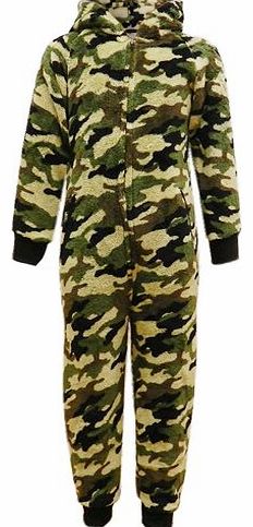 New Unisex Boys Girls Kids Heavyweight Thick Fleece All In One Onesie Contume PJs Jumpsuit nightwear AGE 7-13 Years (13, Army)
