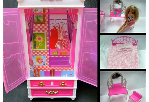 fat-catz-copy-catz Pink Barbie Sindy Doll Plastic Furniture Set: Bed, Dressing Table 