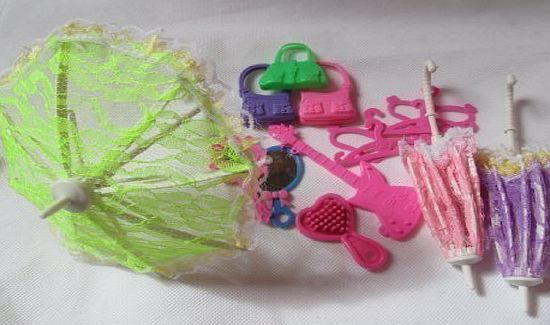 Set of 15 Barbie Dolls sized accessories: Umbrella, handbag, brush, mirror, guitar, hangers & shoes (Not Mattel) - by Fat-Catz-copy-catz