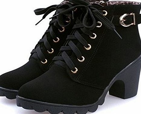 Favoridol Ladies Chunky Block Heel Zipper Lace Up Ankle Boots Shoes Casual (37 EU/4 UK, Black)