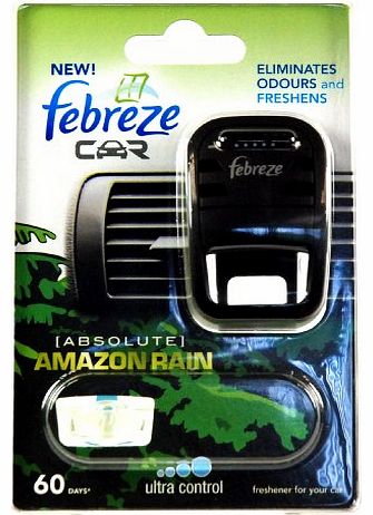 Febreze  CAR ELIMINATES ODOURS AND FRESHENS - AMAZON RAIN BREATHE IN AND ENJOY THE FRESH SCENT OF A RAINFOREST ENHANCED WITH A TOUCH OF LIME