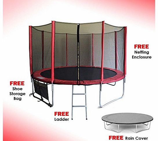 FeelGoodUK RED 12ft TRAMPOLINE WITH SAFETY NET ENCLOSURE   LADDER 