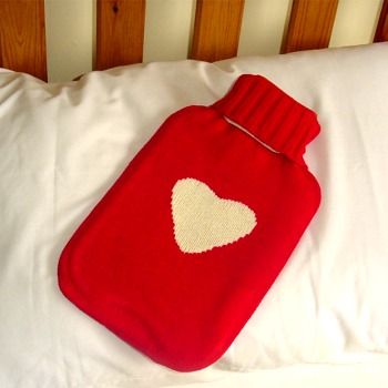 Red Woolly Hot Water Bottle - White Heart