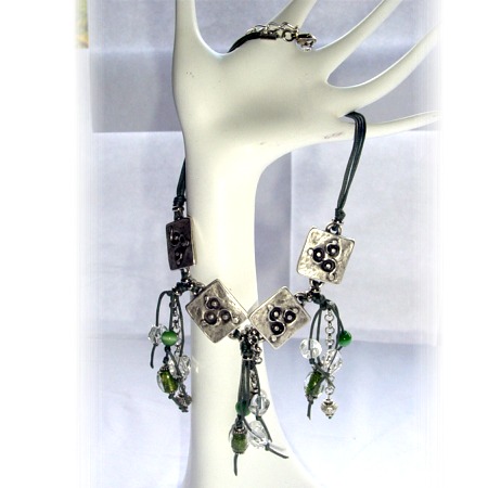 Femme Blue Tibetan Tassles and Pewter Squares Necklace -