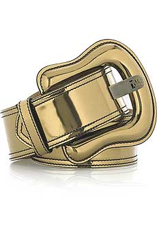 Gold metallic B belt with stitch detail around the edges.