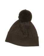 Fendi Black and Brown Logo Wool Pom Pom Hat