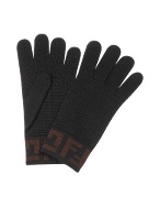 Fendi Black and Brown Logoed Cuff Knit Wool Gloves