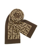 Fendi Camel and Brown Logo Knit Wool Long Scarf