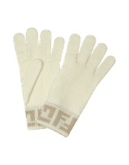 Fendi Cream and Beige Logoed Cuff Knit Wool Gloves