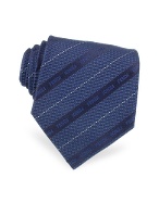 Fendi Dark Blue Signature Ribbon Stripe Woven Silk Tie