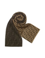 Fendi Dark Brown Zucca and Zucchino Logo Knit Wool Long Scarf