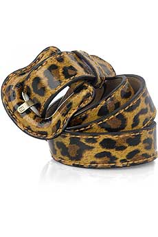 Multi-colored leopard print patent leather B belt.