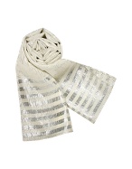 Fendi Shimmering Silver and Cream Logoed Silk Long Scarf