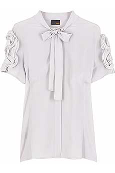 Light gray silk tie-front demi-sheer blouse with ruched detailing on sleeves.