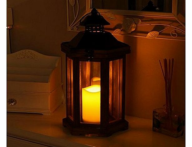 Stylish Brown Wooden Lantern with Battery Powered Candle by Festive Lights