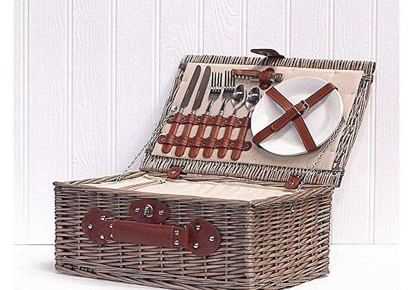 Cream Lined 2 Person Wicker Picnic Basket Hamper with Built In Chiller Compartment with Accessories