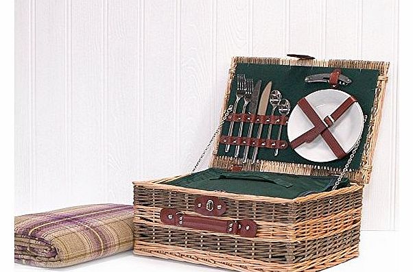 Green Country Style 2 Person Wicker Picnic Basket Hamper with Removable Chiller Bag - Luxury Birthday Gifts for Men Women Her Him Mum Dad