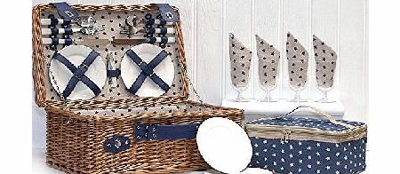 Lonsdale Deluxe 4 Person Wicker Picnic Hamper Basket with Chiller Bag & Accessories