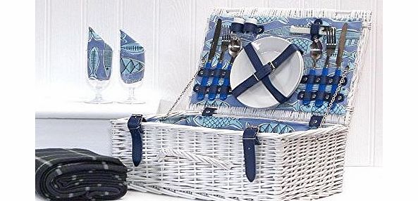 Luxury Cream Chiller 2 Person Fitted Picnic Hamper Basket & Green Waterproof Fleece Blanket Includes Accessories & Built In Chiller Compartment