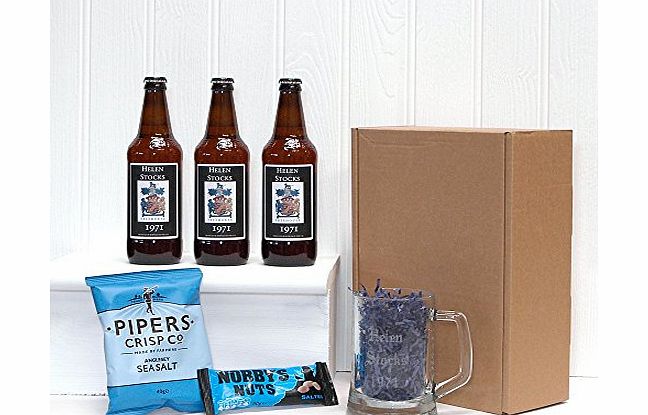 Fine Food Store PERSONALISED Pub In A Box- 3 x Bottles Yorkshire Ales with Personalised Labels, Engraved Glass Tankard amp; Mens Nibbles - Christmas Xmas Gift Hampers for Men Him Dad