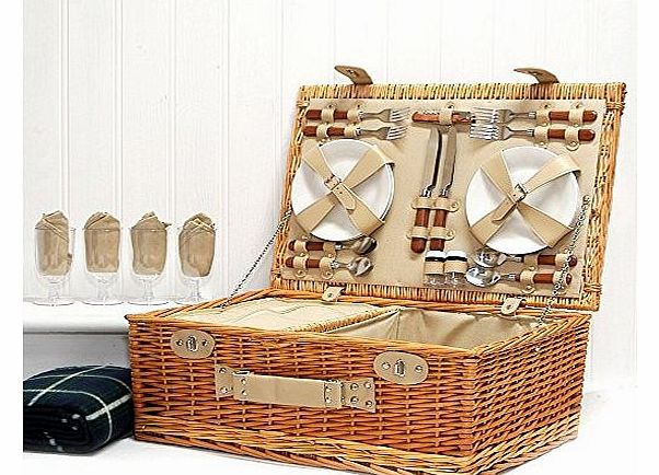 The Deluxe Sutton Picnic Basket & Green Picnic Blanket- Luxury Wicker 4 Person Fitted Hamper with Built in Chiller Compartment & Accessories - Christmas, Wedding Anniversary, Birthday, Corpora