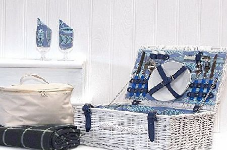 The Oceana White Deluxe Wicker Picnic Basket Hamper, Chiller Bag & Traditional Waterproof Picnic Blanket for 2 Persons