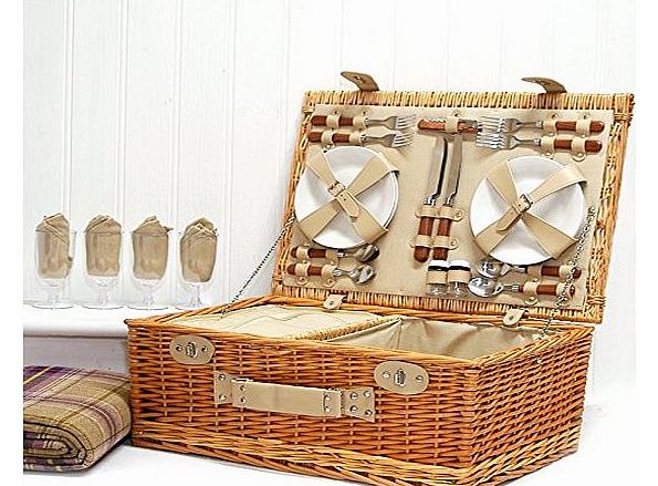 The Sutton Picnic Basket & Purple Picnic Blanket- Luxury Wicker 4 Person Fitted Hamper with Built in Chiller Compartment & Accessories - Christmas, Wedding Anniversary, Birthday, Corporate Gif