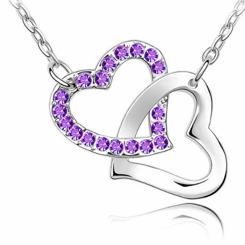 JA5095 Double Hearts Crossed Silver Pendant Faux Crystal Sterling Necklace (Purple Color)