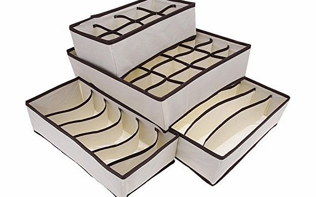  Set of 4 Foldable Drawer Dividers Storage Boxes Closet Organizers, Under Bed Organizer for Clothing Shoes Bra Socks Beige