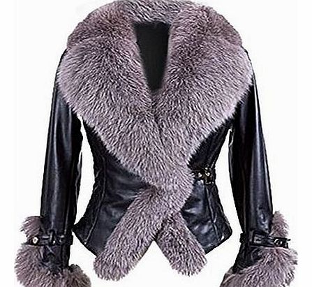Finejo  Women Winter Faux Fox Fur Leather Long Sleeve Outerwear Coat Jacket
