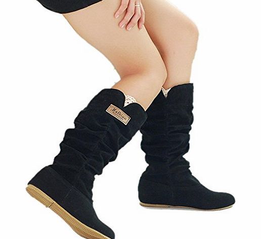 Finejo  Womens Round Toe Mid Calf Knee High Flat Boot Shoes Black 37