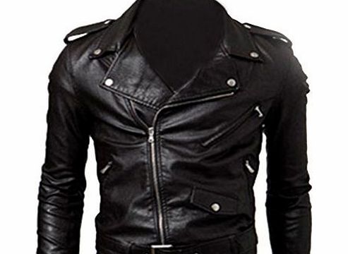 Finejo Mens Fit Punk Zip Motorcycle Jacket XX-Large Black