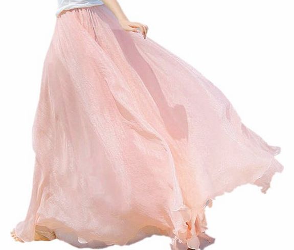 Womens Chiffon Retro Long Maxi Skirt Vintage Dress Pink