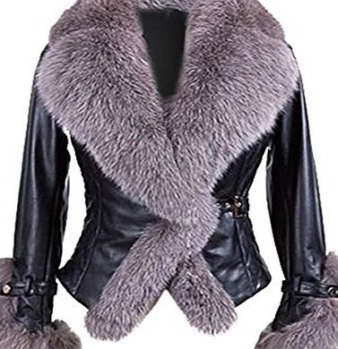 Finejo Womens Fashion Imitation Faux Leather Coat Faux Fox Fur Collar Jacket Warm EA