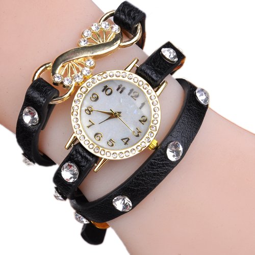 Finejo Womens Quartz Weave Wrap Synthetic Leather Wrist Watch Black