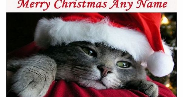 Fingerprint Designs Cute Cat Wearing Xmas Hat Christmas Card - Personalised FREEPOST