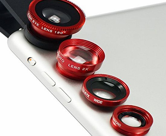 first2savvv  JTSJ-4N1-A08 red mobile phone Universal 4 in 1 Clip Camera professional glass Lens Kit (fish eye, wide angle, macro lens and barlow) for apple iPhone 5amp;apple ipod touch 5th generation