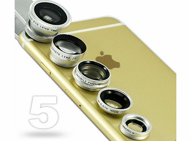  JTSJ-5N1-16 silver mobile phone Universal 5 in 1 Clip Camera professional glass Lens Kit (fish eye, wide angle, macro, barlow and polarizer lens) for Apple iPhone 6 amp; Samsung galaxy No