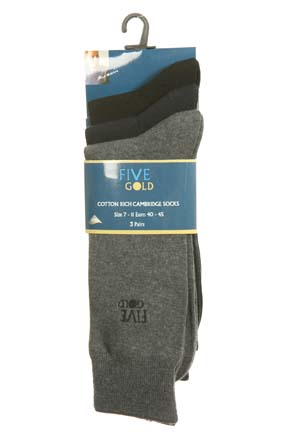 Mens 3 Pair FiveGold Cambridge Plain Trouser Sock Black