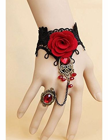 1pcs Handmade Retro Black Lace Vampire Slave Bracelet With Fabric Flower And Red Resin Gothic Style