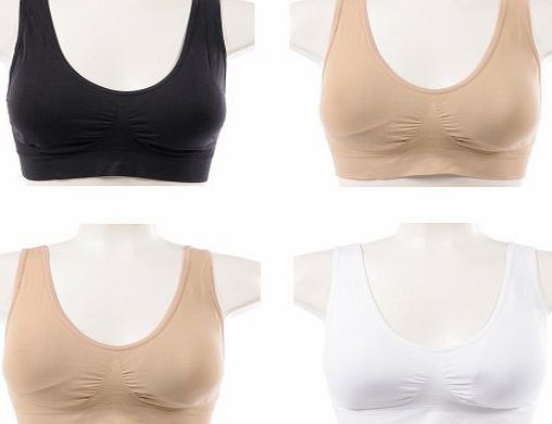 Flexi Bra (TM) 4 Pack Flexi Bra(TM) - The Ultimate comfort Bra. Seamless Support Comfort Sport Stretch Action Leisure Black White Nude / Beige (3 Colour Set   Free Beige Bra (Same Size), XXXLarge - Chest 46-48inches