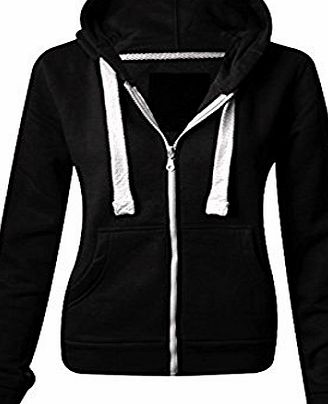Ladies New Plain Casual Long Sleeve Pocket Hoody Top Womens Fixed Hood Stretch Front Zip Contrast Drawstring Detail Basic Hooded Jacket WOMENS PLAIN HOODIE LADIES HOODED ZIP ZIPPER TOP SWEAT SHIRT JAC