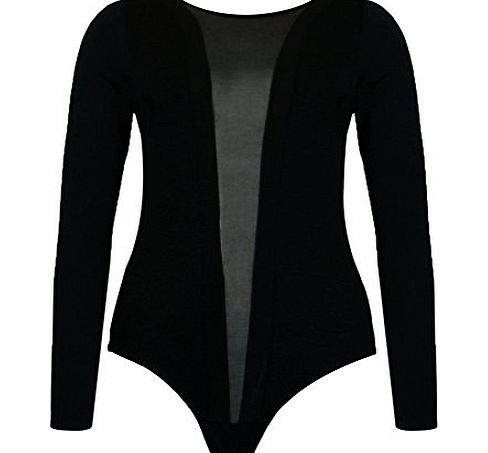 Womens Black Mesh Insert Panel Body Suit Ladies Contrast Stripe Sexy Leotard Top (UK 12, BLACK Long Sleeve)