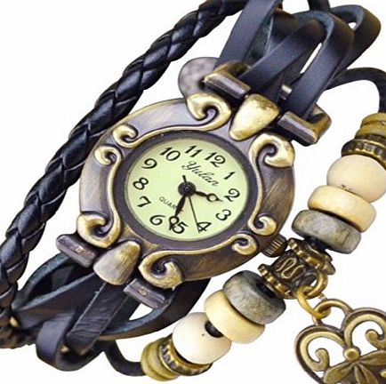Floray  Men and Women Black Leather Bracelet, Beautiful Wrist Watch, Adjustable Lattice Wristband, Design with Heart, Retro Watch Dial. Free Blue Jewellery Box. Length: 17cm - 19.5 cm