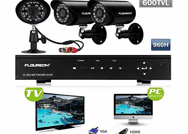 FLOUREON 2014 Newest 1 X 4CH H.264 HDMI 960H DVR Motion Detection   3 X Outdoor 600TVL Camera CCTV DVR Security System Kit Support Cloud System For Remote Access (Black Camera)