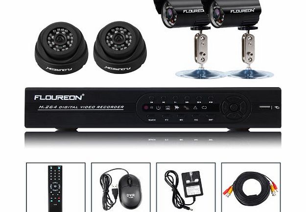 FLOUREON 8CH Security DVR Recorder CCTV System   2 Outdoor Night Vision Security Cameras   2 Indoor Camerea for Home, Shop and office etc