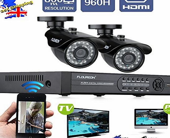 FLOUREON High Quality Security Surveillance CCTV kit 1 X 4CH 960H DVR 2 X Outdoor 800TVL Night Vision Cameras Security Kit Backup Via USB Drive