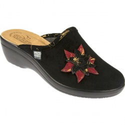 Fly Flot Female PoinsettIa Textile Upper Leather Lining Comfort House Mules and Slippers in Black