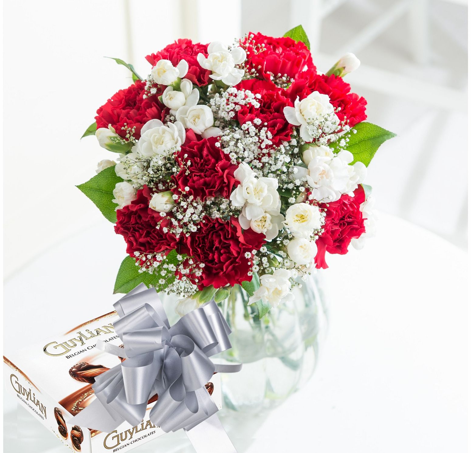 Festive Carnation Joy with Guylian and Ribbon